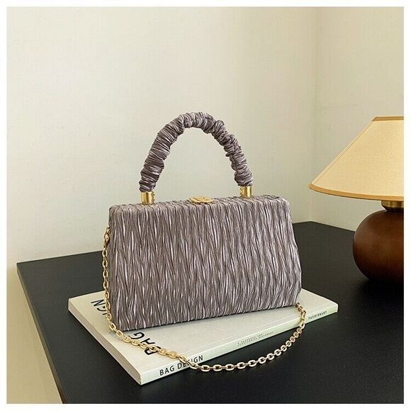 Women's Satin Silver Quilted Clutch Evening  Party Wedding Handbag - Picture 3 of 4